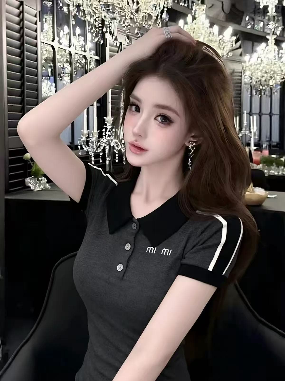 lym studio 학원 스타일 POLO 칼라 알파벳 배색 니트 스웨터 여성용 짧은 소매 몸매 가꾸기 다용도 품격 맨위 이미지 3
