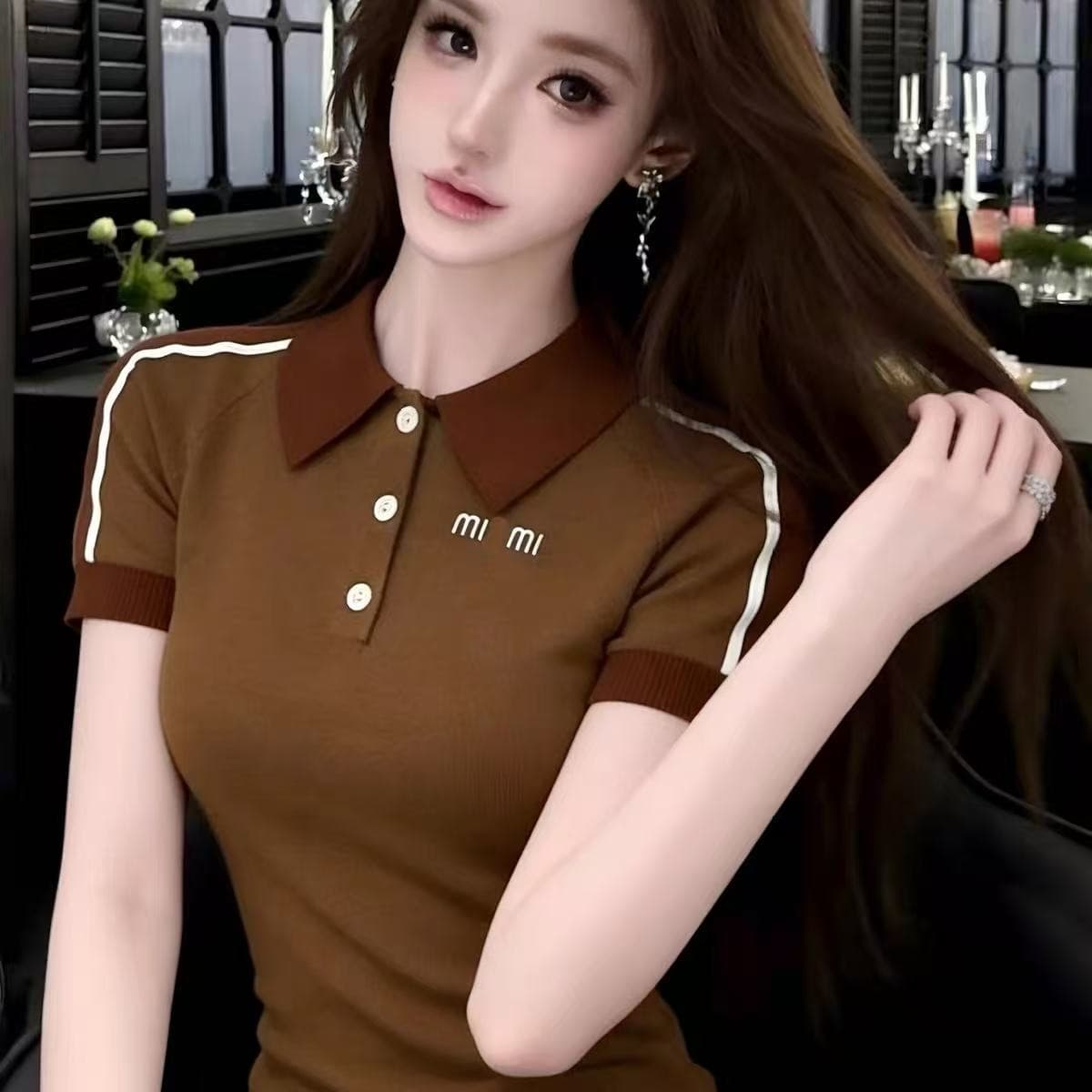 lym studio 학원 스타일 POLO 칼라 알파벳 배색 니트 스웨터 여성용 짧은 소매 몸매 가꾸기 다용도 품격 맨위 이미지 5