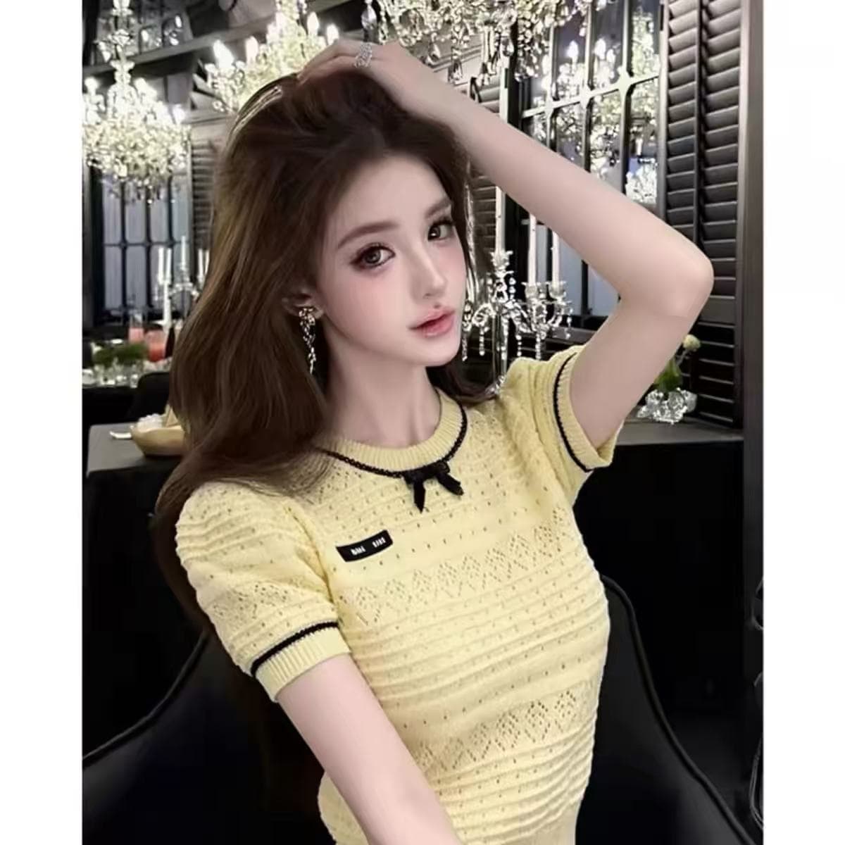 2026 여름 황색 홀로우 아웃 자수 니트 스웨터 여성 프랑스식 작은 샤넬 스타일 배색 측면 나비 매듭 품격 맨위 여성 상세 이미지 1