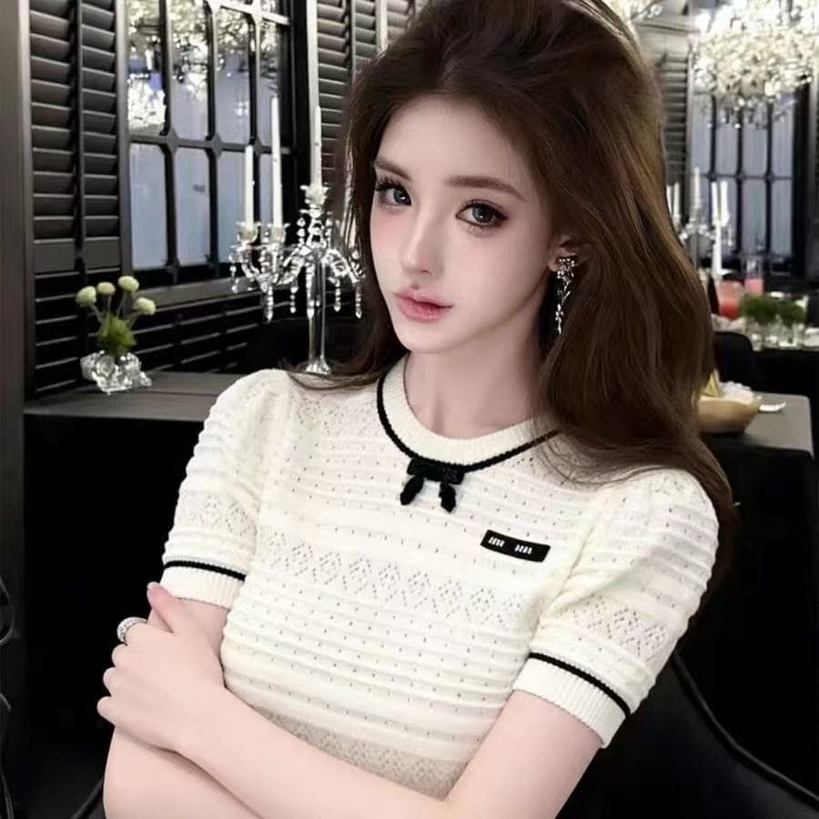2026 여름 황색 홀로우 아웃 자수 니트 스웨터 여성 프랑스식 작은 샤넬 스타일 배색 측면 나비 매듭 품격 맨위 여성 상세 이미지 3