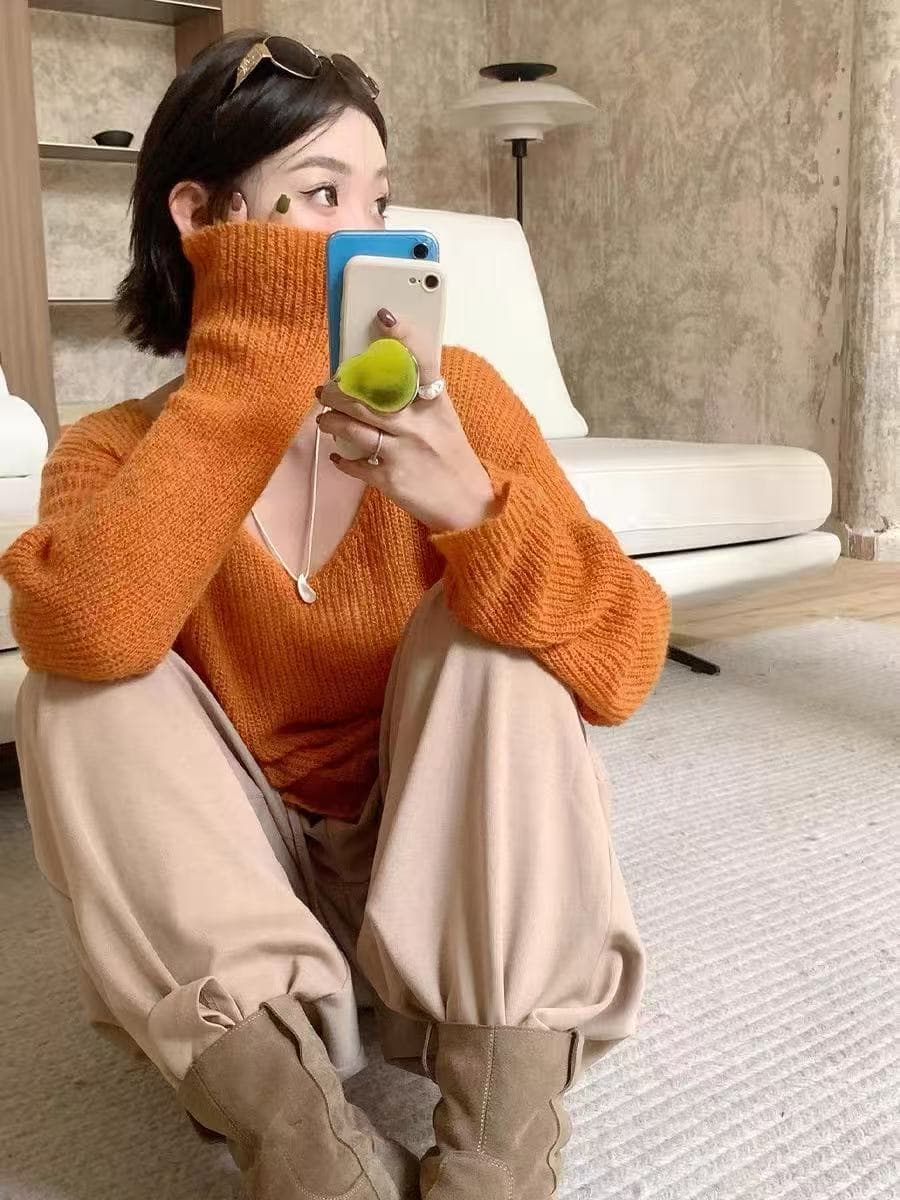 느긋한 바람 주황색 V넥 풀오버 스웨터 여자 가을 겨울 고급 센스 와이드 부드러운 찹쌀 만나는 니트 스웨터 아름다운 맨위 이미지 4