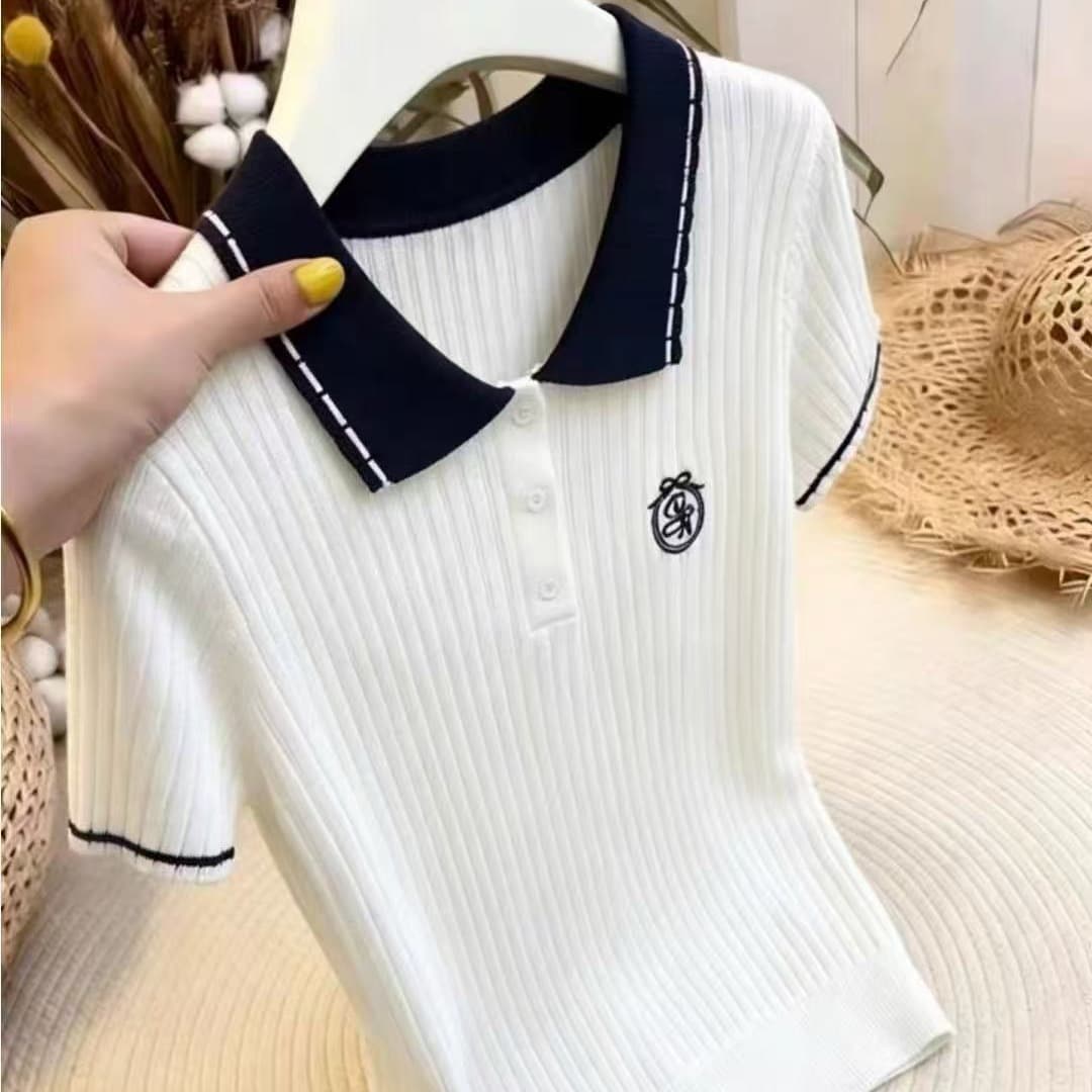 한 부서 학원 스타일 배색 POLO 칼라 니트 스웨터 여성용 짧은 소매 빅 사이즈 슬림해 보이는 다용도 루즈핏 외국 가스 연령 감소 맨위 이미지 5