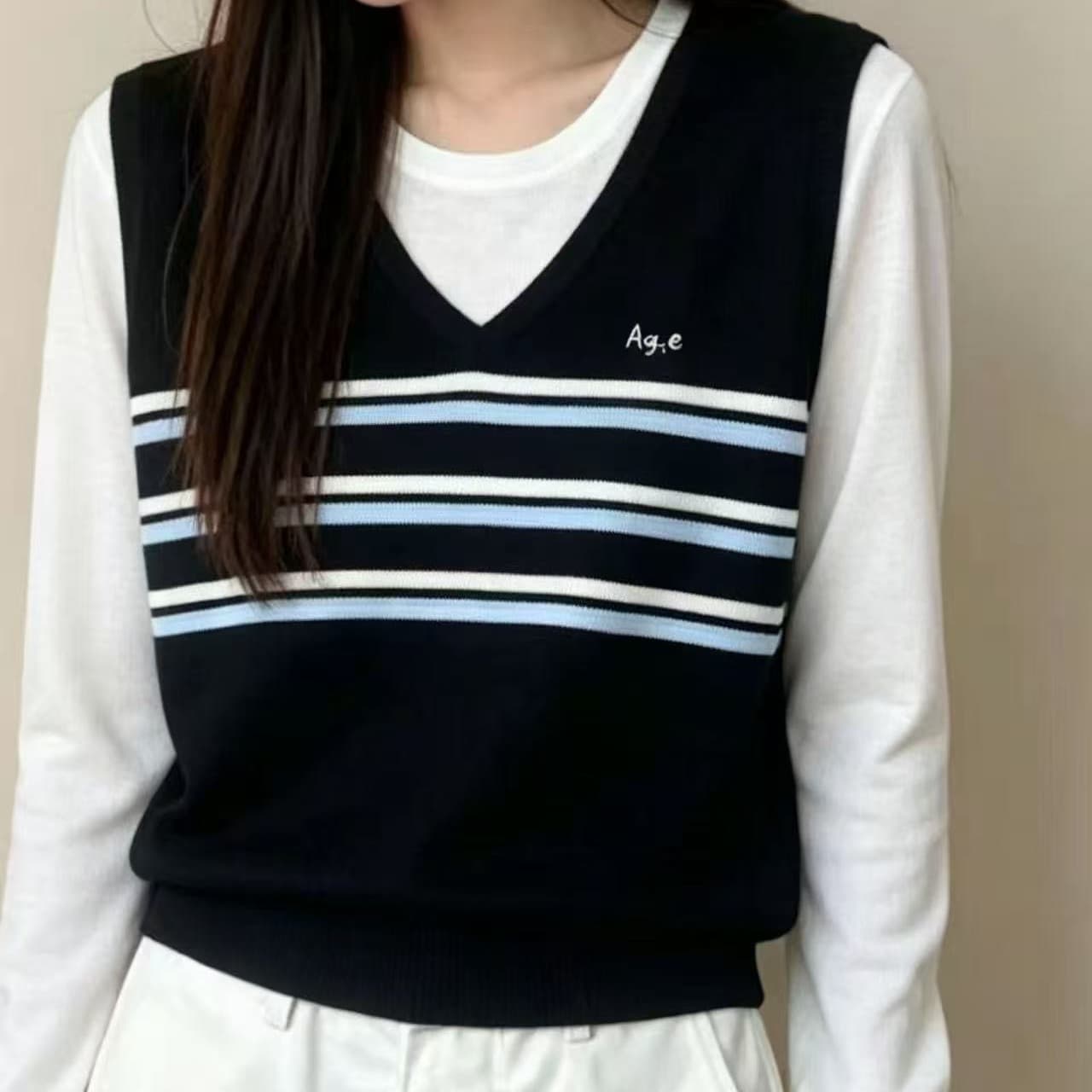 학원 스타일 배색 스트라이프 라운드 넥 페이크 레이어드 얼음 실크 긴팔 니트 스웨터 여성 여름 작은 키 디자인 센스 맨위 이미지 5