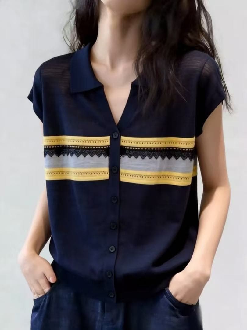 POLO 칼라 스트라이프 얇은 스타일 반팔 니트 스웨터 여성 2026 새로운 여름 빅 사이즈 지방 mm 패션 미니멀리즘 루즈핏 맨위 이미지 4