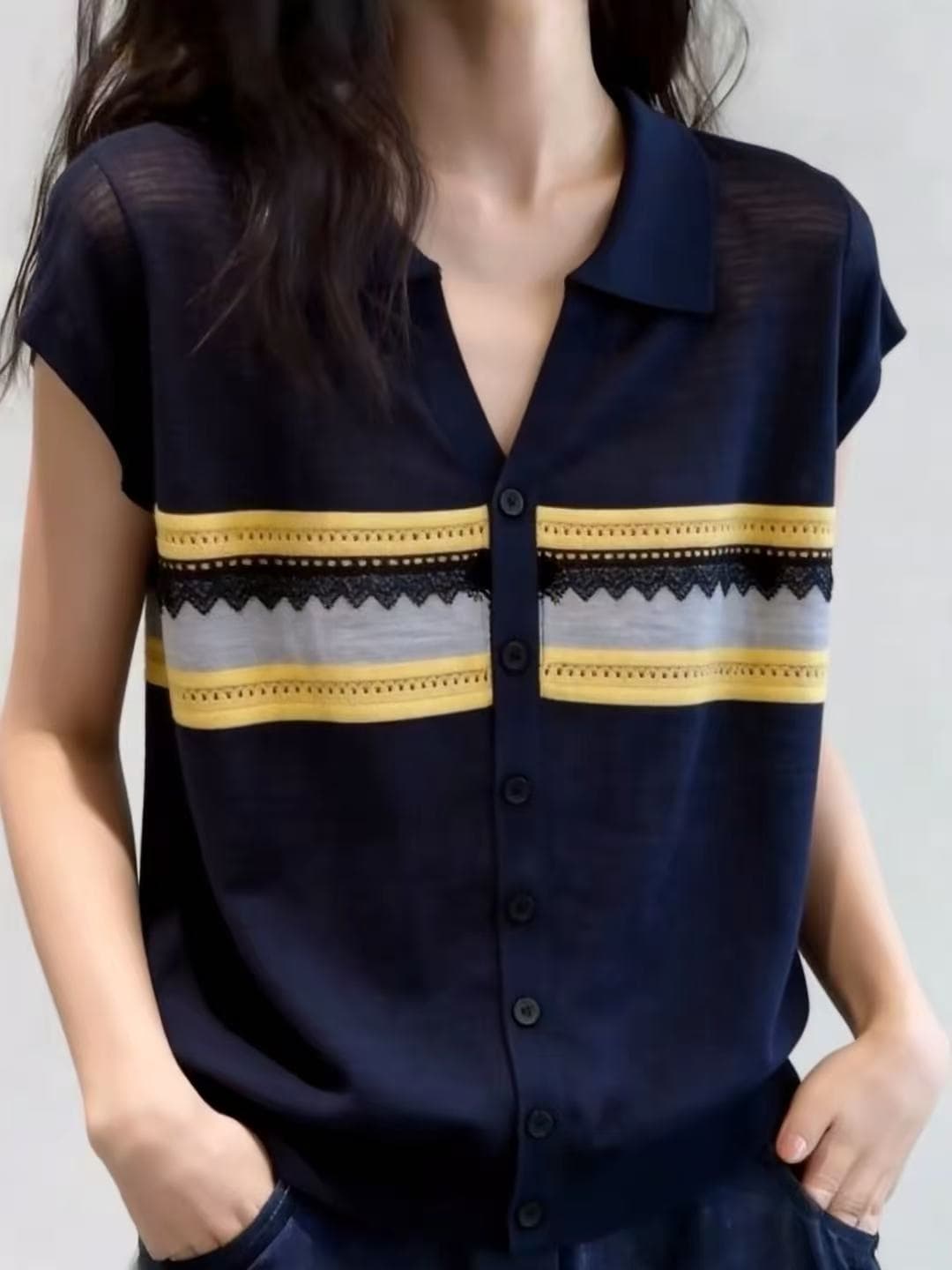 POLO 칼라 스트라이프 얇은 스타일 반팔 니트 스웨터 여성 2026 새로운 여름 빅 사이즈 지방 mm 패션 미니멀리즘 루즈핏 맨위 이미지 3