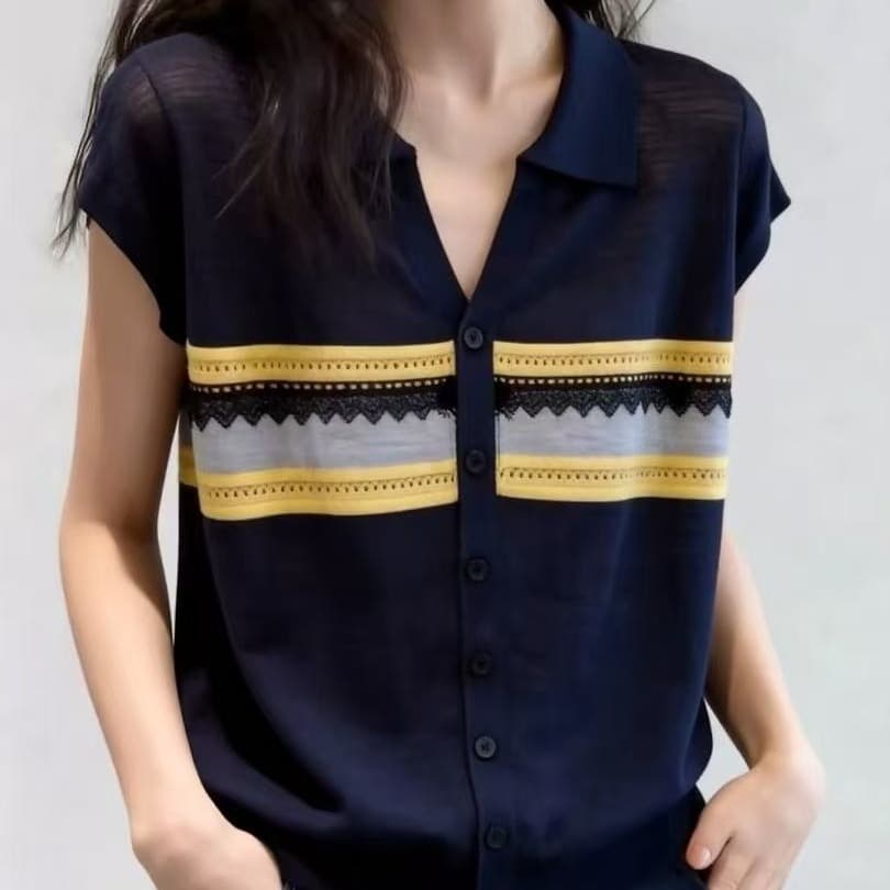 POLO 칼라 스트라이프 얇은 스타일 반팔 니트 스웨터 여성 2026 새로운 여름 빅 사이즈 지방 mm 패션 미니멀리즘 루즈핏 맨위 이미지 5