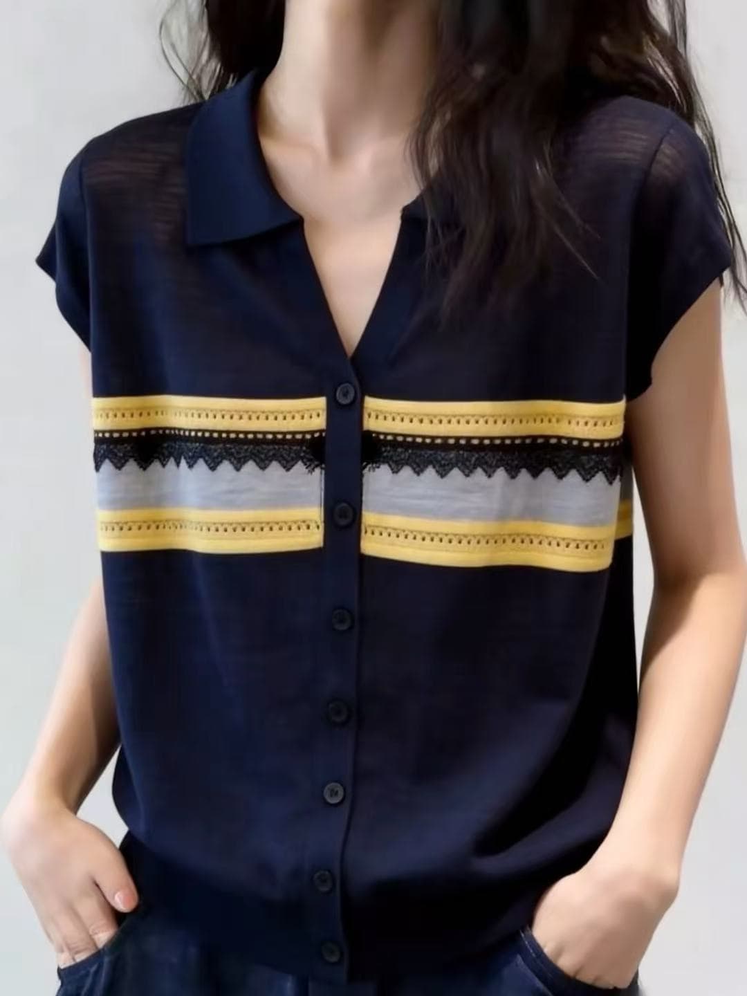 POLO 칼라 스트라이프 얇은 스타일 반팔 니트 스웨터 여성 2026 새로운 여름 빅 사이즈 지방 mm 패션 미니멀리즘 루즈핏 맨위 상세 이미지 1