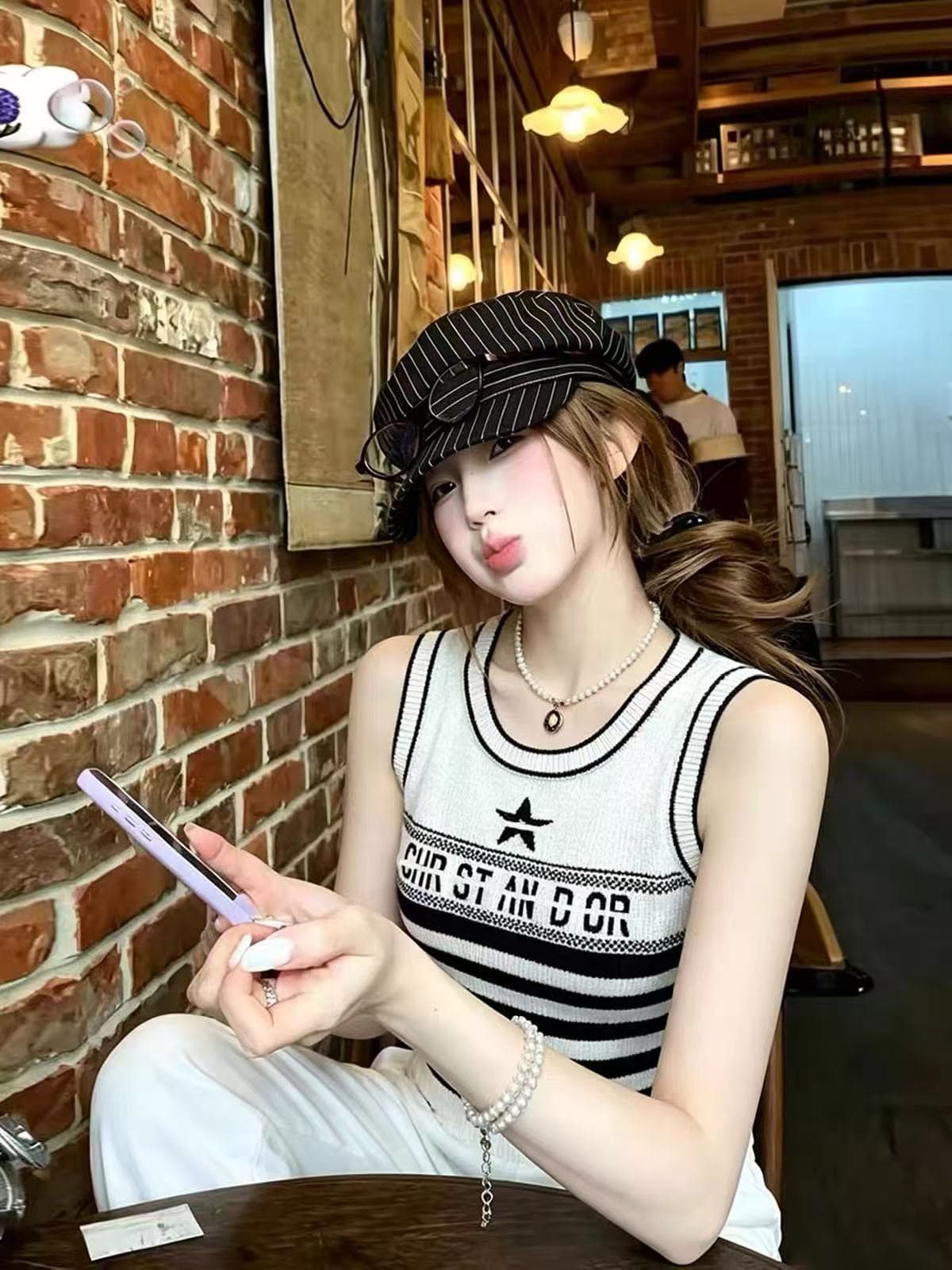 caicaii studio 한 부서 배색 스트라이프 니트 캐미솔 부드러운 몸매 가꾸기 슬림해 보이는 다용도 맨위 상세 이미지 1