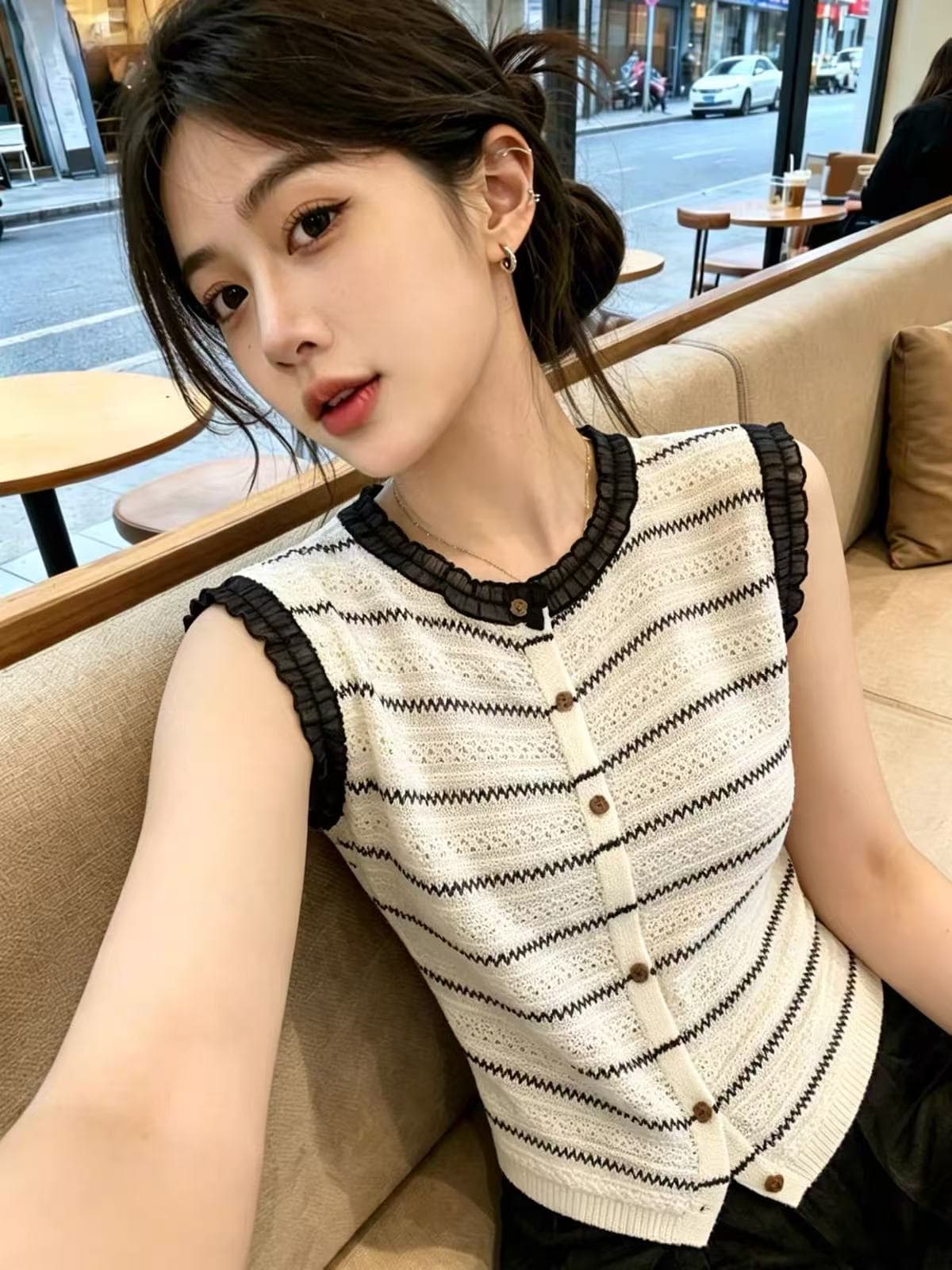 한 부서 라운드 넥 스트라이프 배색 단추 조끼 니트 오픈 가디건 여성 2026 여름 새로운 몸매 가꾸기 슬림해 보이는 맨위 트렌디 상세 이미지 5