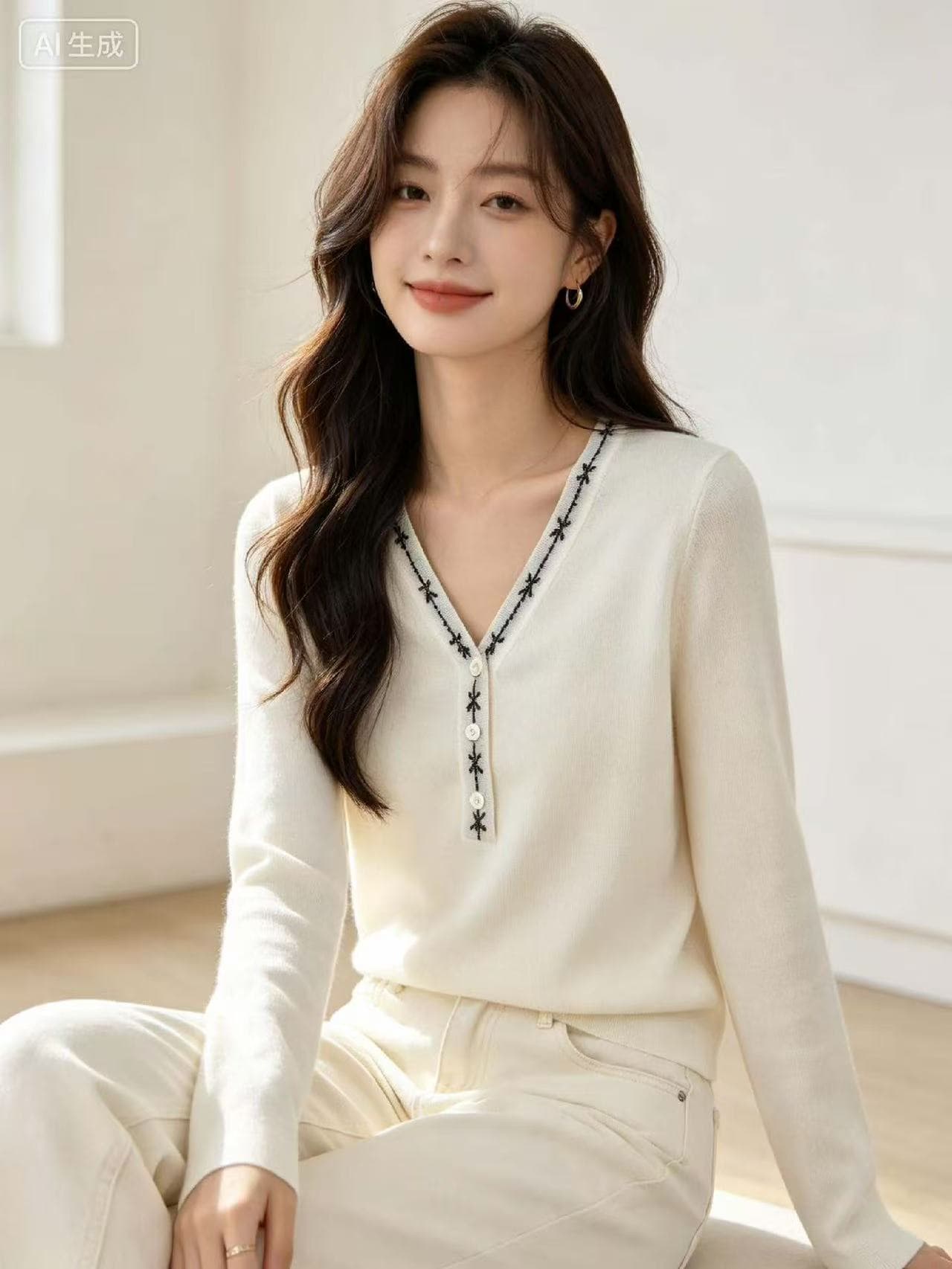 연삭 털 저항 기사 반 개방 칼라 긍정적 인 어깨 긴팔 티셔츠 여성 2026 가을 새로운 V넥 단추 디자인 센스 인사이드 가져 가라. 기본 셔츠