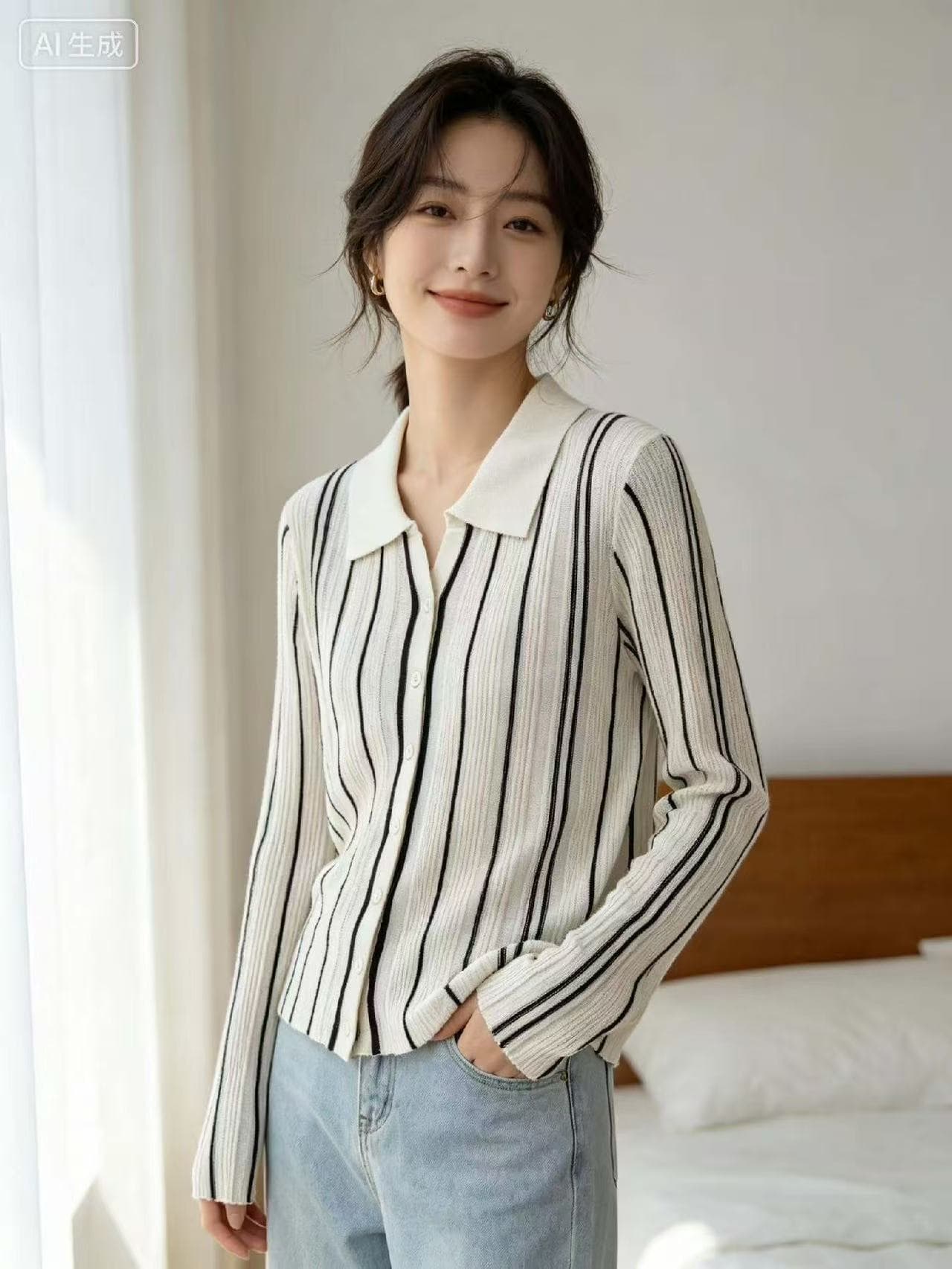 세로 줄무늬 긴팔 니트 스웨터 여성 26 새로운 이른 가을 품격 샤오시엔 오래된 돈 바람 출퇴근 인사이드 잡아라. 의류 기본 셔츠 상세 이미지 1