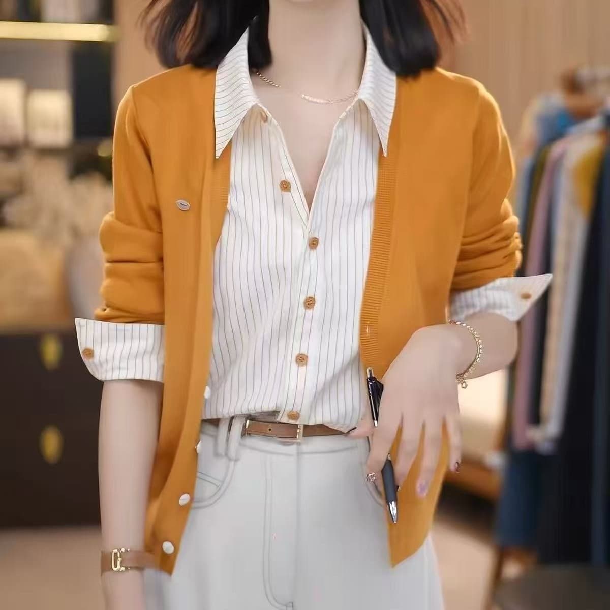 페이크 레이어드 스트라이프 니트 오픈 가디건 여성 봄 가을 겨울 2026 새로운 주황색 POLO 칼라 스웨터 연령 감소 긴팔 맨위 이미지 5