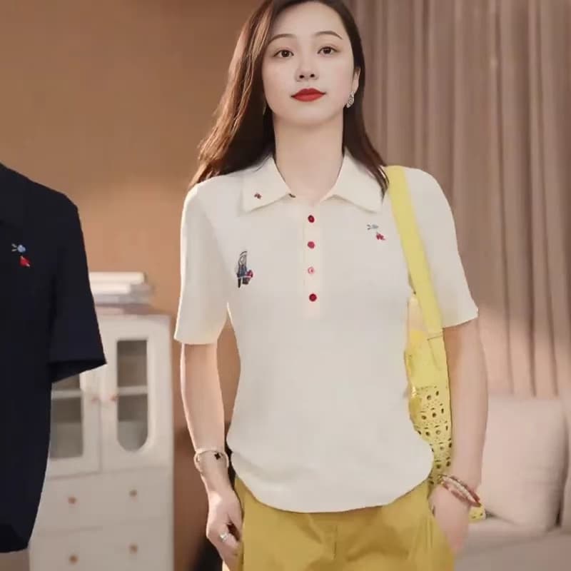 만화 작은 곰 자수 폴로 칼라 반팔 티셔츠 여성 2026 여름 새로운 캐주얼 다용도 슬림해 보이는 POLO 셔츠 맨위 이미지 4