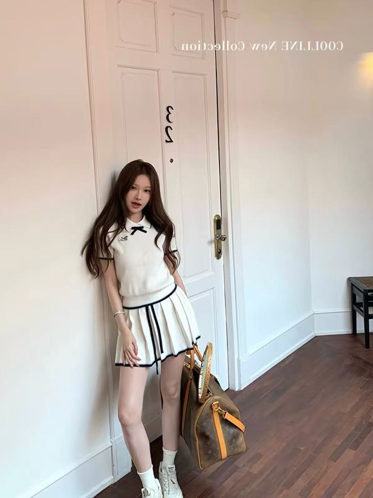 blue rose 학원 소녀 바람 폴로 칼라 여성 드레스 여름 디자인 센스 허리 수축 슬림해 보이는 플리츠 한 마디 치마 세트 이미지 4