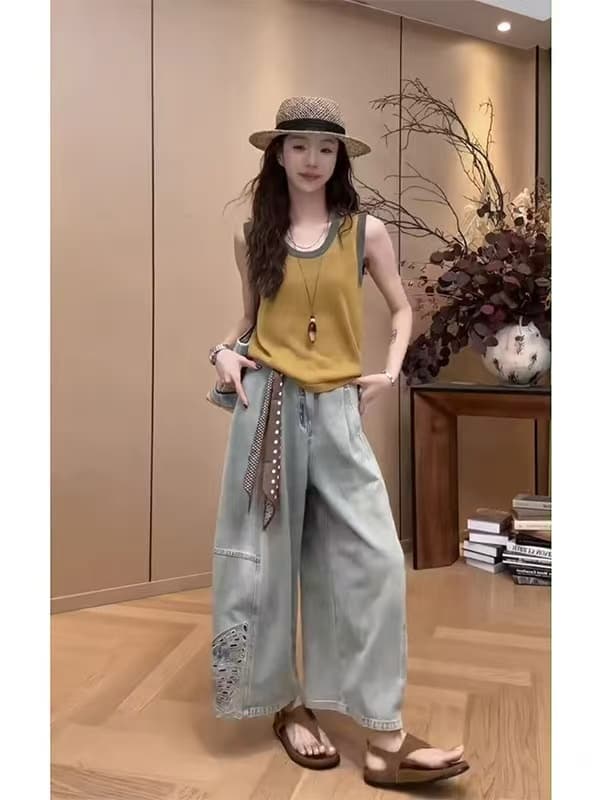 황록색 패치워크 색상 홀로우 아웃 얼음 실크 캐미솔 2026 여름 슈퍼 잘 생긴 외국 가스 고유 한 외출용 민소매 맨위 상세 이미지 2
