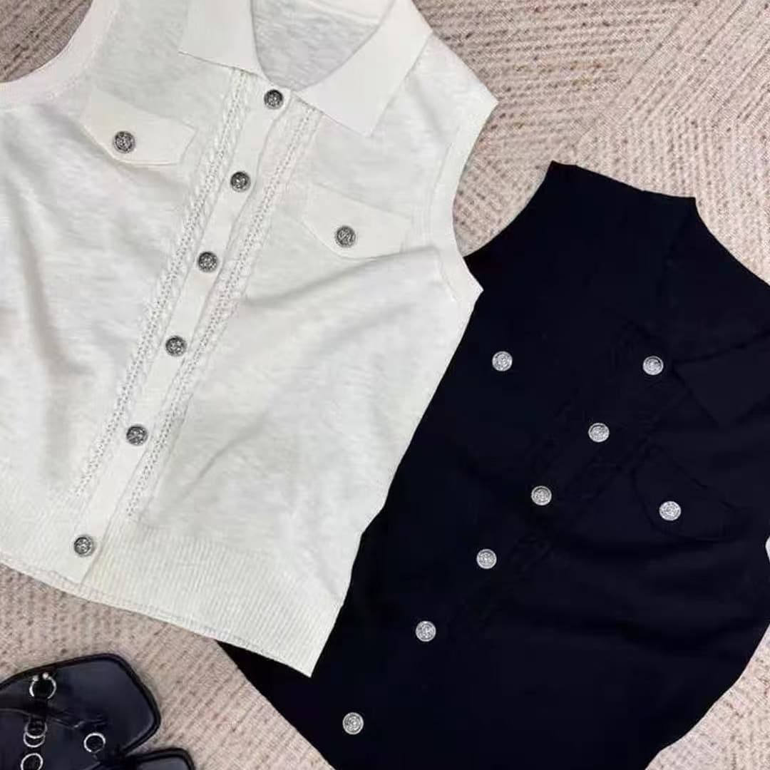 오래된 돈 바람 POLO 칼라 니트 조끼 여자 여름 민소매 단추 품격 고급 센스 빛 요리 한 바람 슬림해 보이는 다용도 맨위 이미지 5