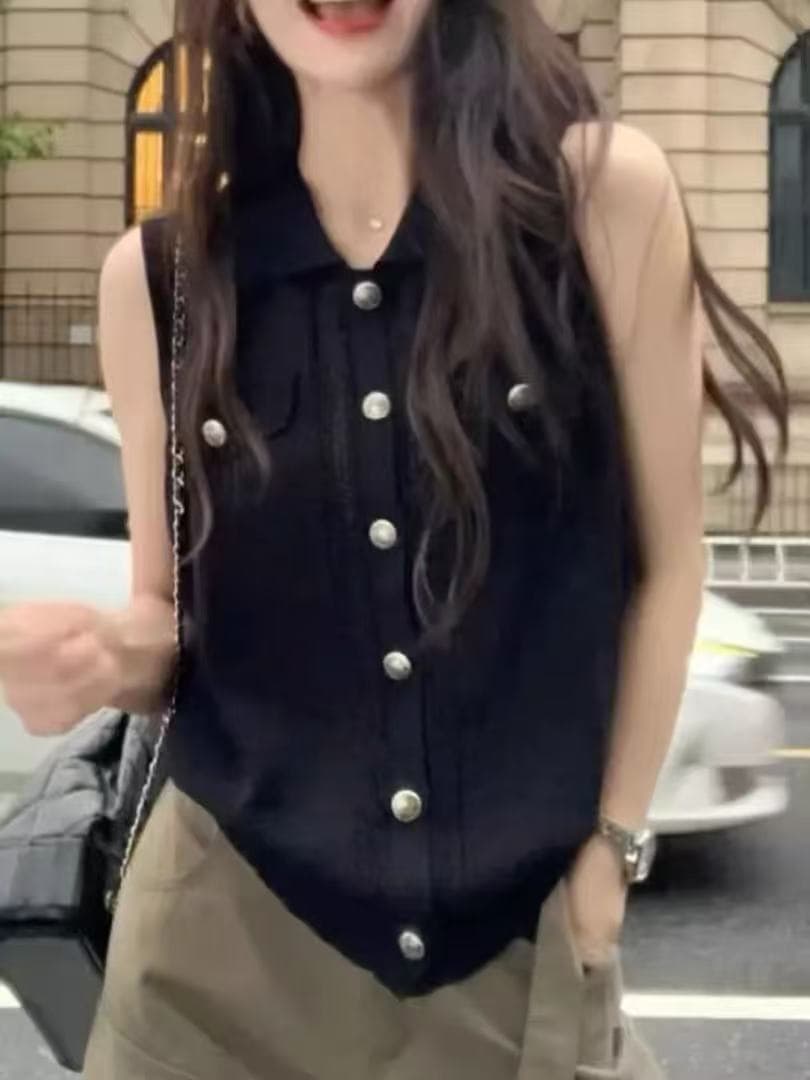 오래된 돈 바람 POLO 칼라 니트 조끼 여자 여름 민소매 단추 품격 고급 센스 빛 요리 한 바람 슬림해 보이는 다용도 맨위 상세 이미지 3