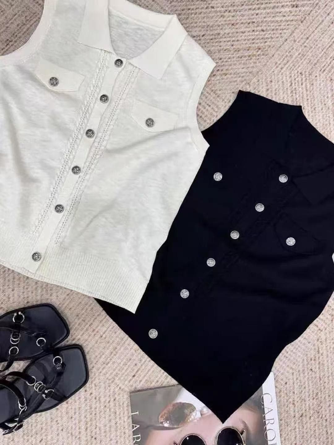 오래된 돈 바람 POLO 칼라 니트 조끼 여자 여름 민소매 단추 품격 고급 센스 빛 요리 한 바람 슬림해 보이는 다용도 맨위 상세 이미지 5