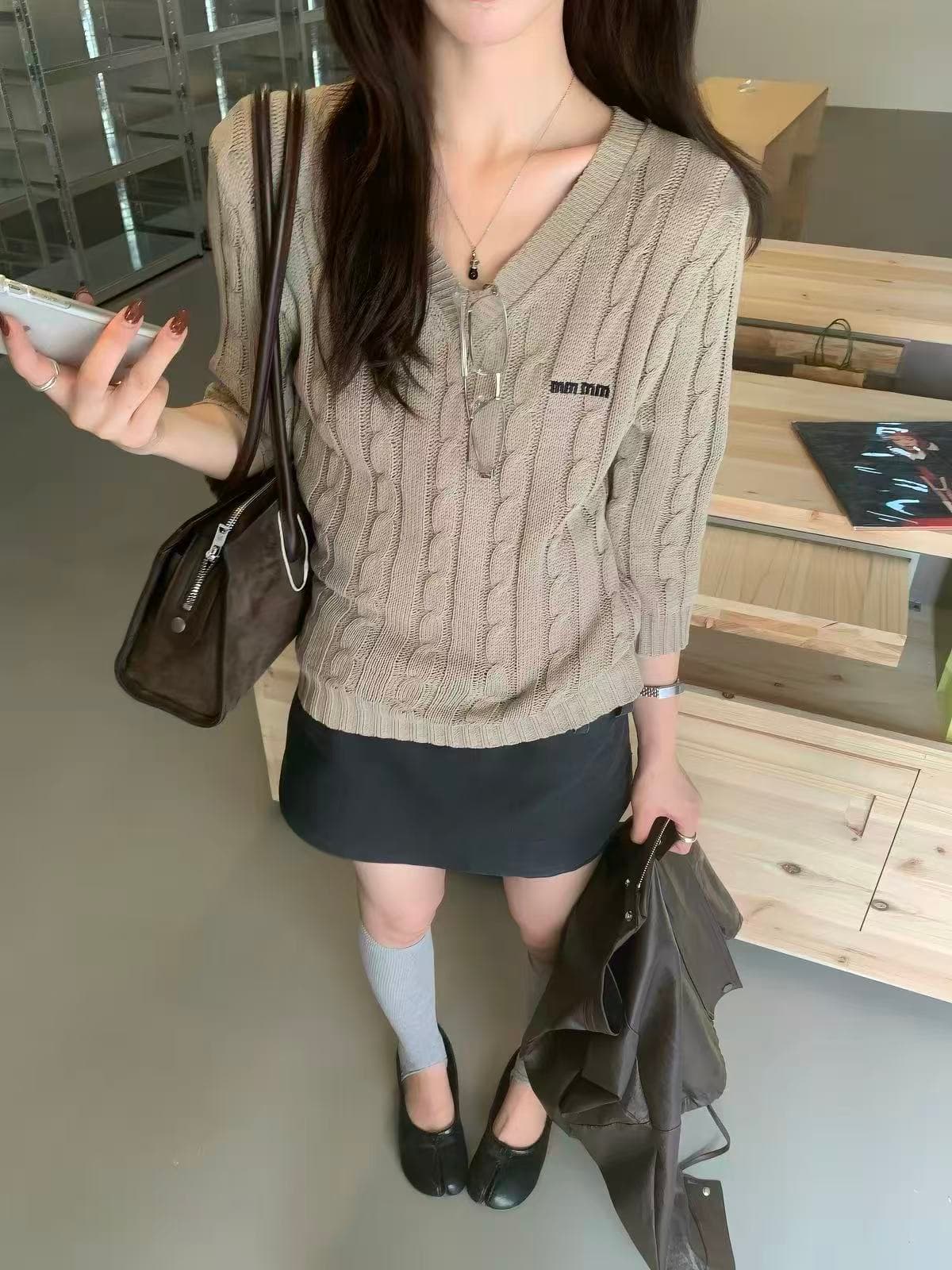 the limon 레몬 녹차 한 부서 품격 V넥 트위스트 꽃 자수 다용도 니트 스웨터 여성 중간 소매 맨위 가을 상세 이미지 5