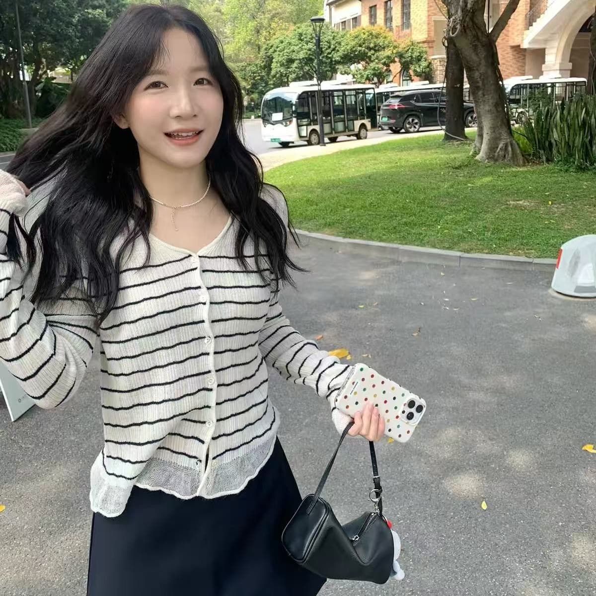 xierz 주 ㅁ 어린이 한 부서 품격 살구 색상 바닥 검정색 스트라이프 긴팔 니트 오픈 가디건 얇은 스타일 슬림해 보이는 맨위 이미지 5
