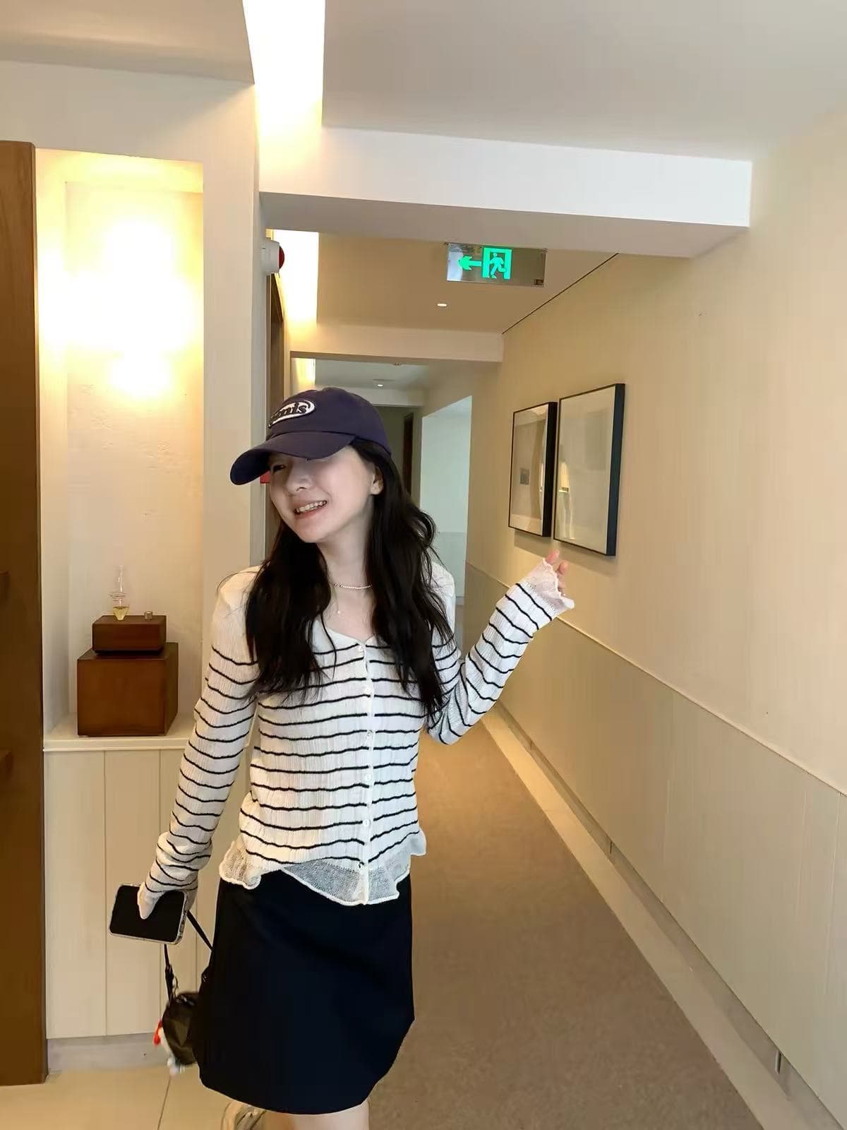 xierz 주 ㅁ 어린이 한 부서 품격 살구 색상 바닥 검정색 스트라이프 긴팔 니트 오픈 가디건 얇은 스타일 슬림해 보이는 맨위 상세 이미지 2