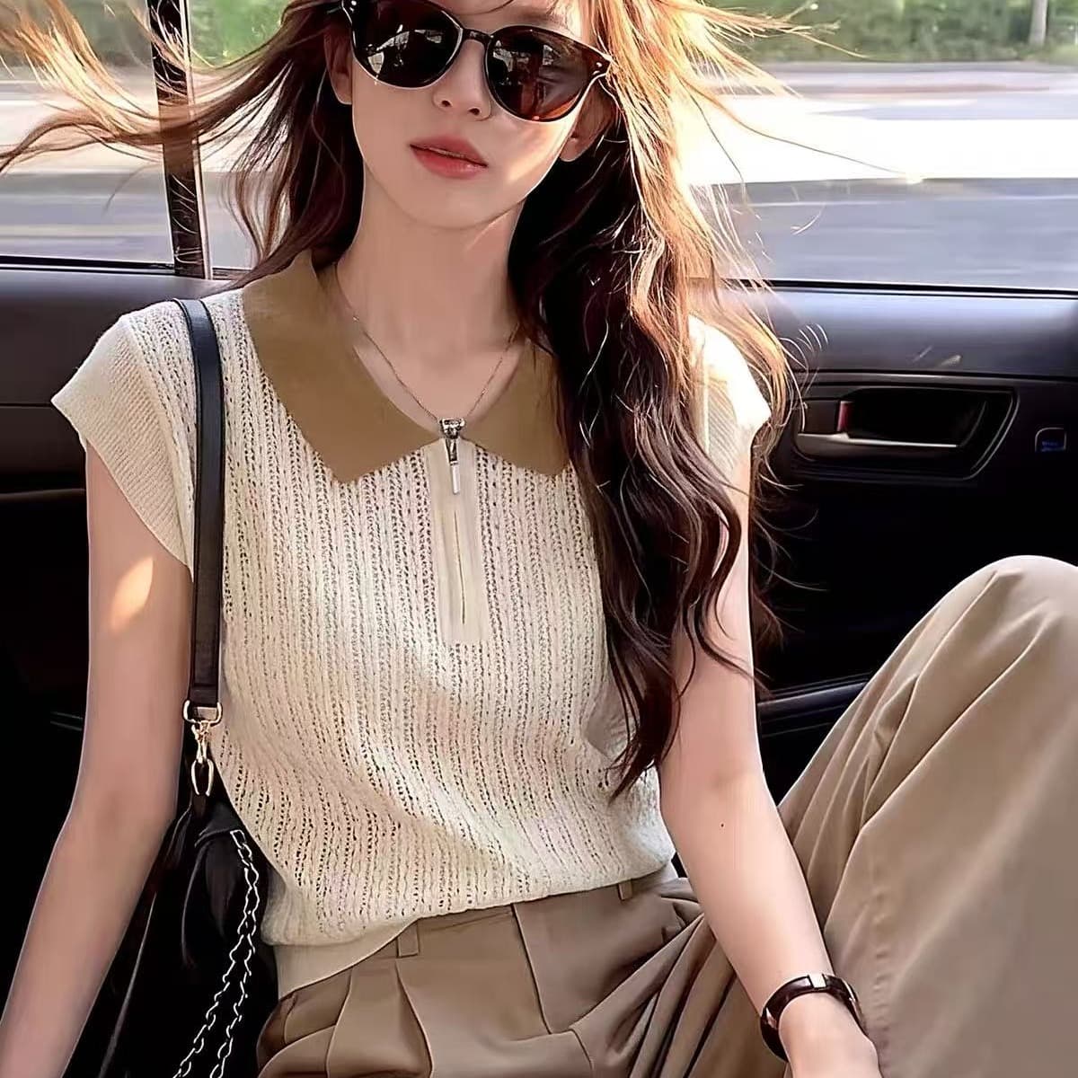 한 부서 배색 폴로 칼라 니트 스웨터 여성 여름 얇은 스타일 통기성 홀로우 아웃 디자인 센스 지퍼 칼라 반팔 티셔츠 맨위 이미지 5