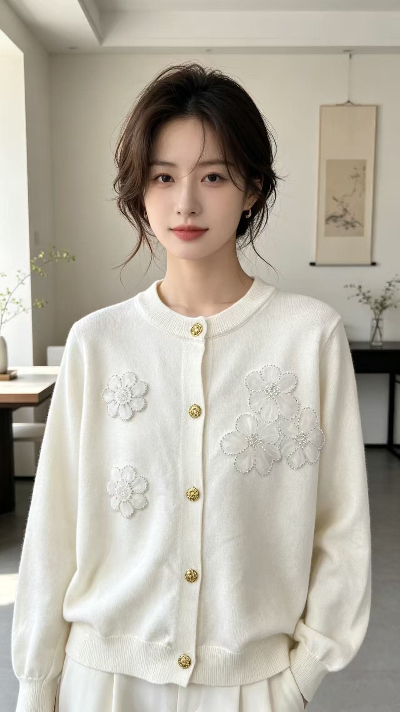 dh official 대 꽃 데이지 꽃 daisy 양모 라운드 넥 스웨터 무거운 작업 데이지 재킷