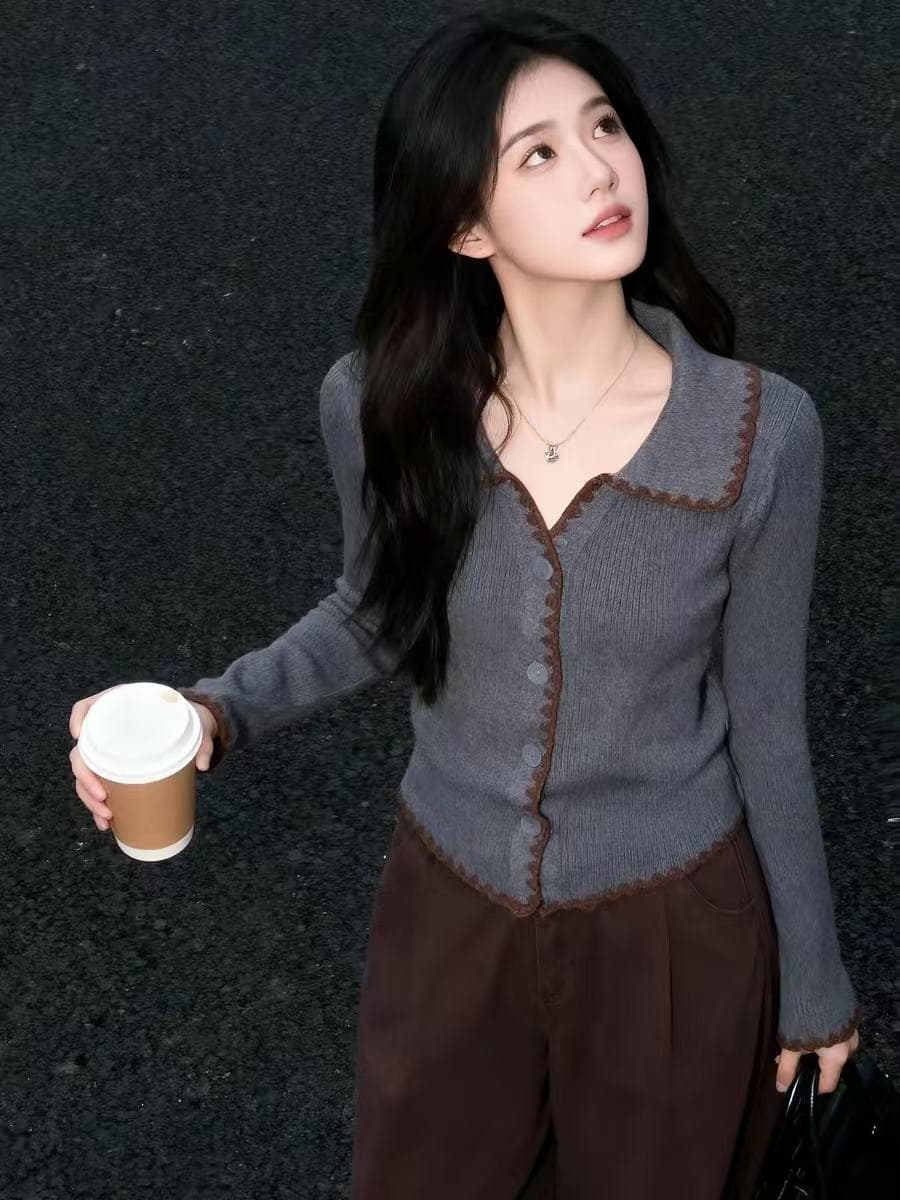 아름다운 한 부서 회색 폴로 칼라 Chic 만나는 니트 오픈 가디건 여성 몸매 가꾸기 디자인 센스 chic 배색 스웨터 맨위 상세 이미지 3