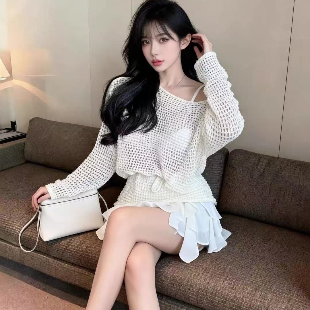 느긋한 바람 얇은 스타일 홀로우 아웃 시스루 니트 스웨터 티셔츠 루즈핏 자외선 차단 블라우스 품격 섹시함 비스듬한 어깨 긴팔 맨위 이미지 5