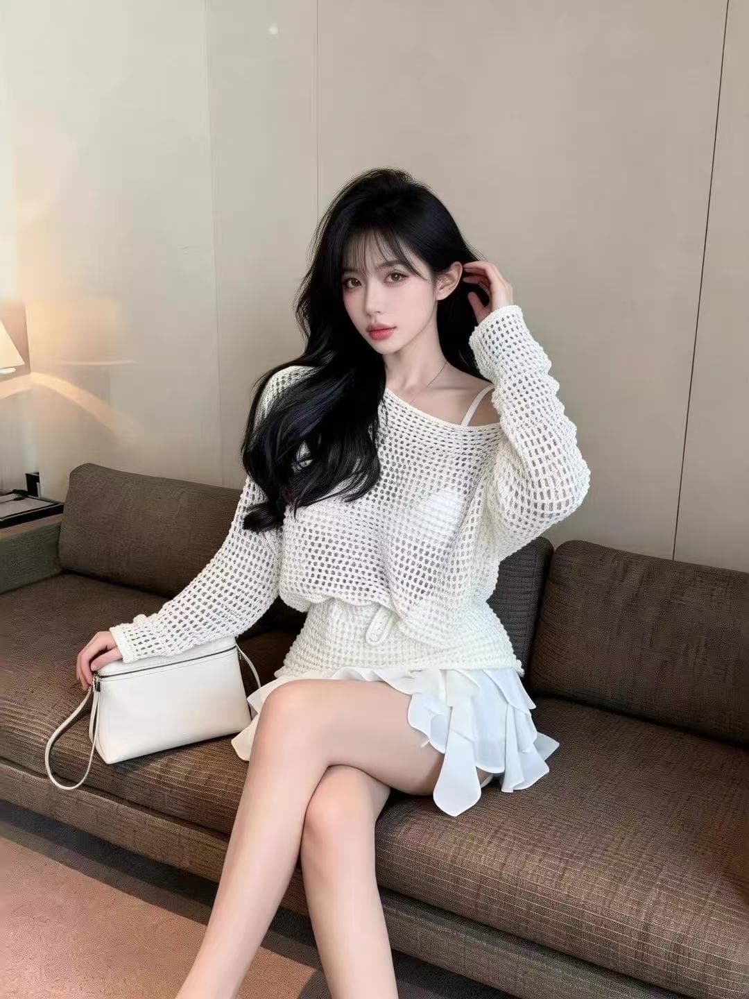 느긋한 바람 얇은 스타일 홀로우 아웃 시스루 니트 스웨터 티셔츠 루즈핏 자외선 차단 블라우스 품격 섹시함 비스듬한 어깨 긴팔 맨위 상세 이미지 5