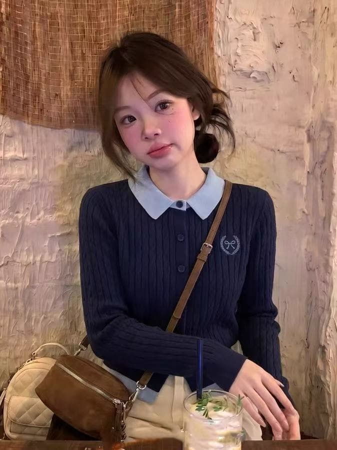 한 부서 학원 스타일 페이크 레이어드 배색 POLO 칼라 긴팔 니트 오픈 가디건 여성 이른 가을 새로운 품격 캐주얼 맨위 이미지 3