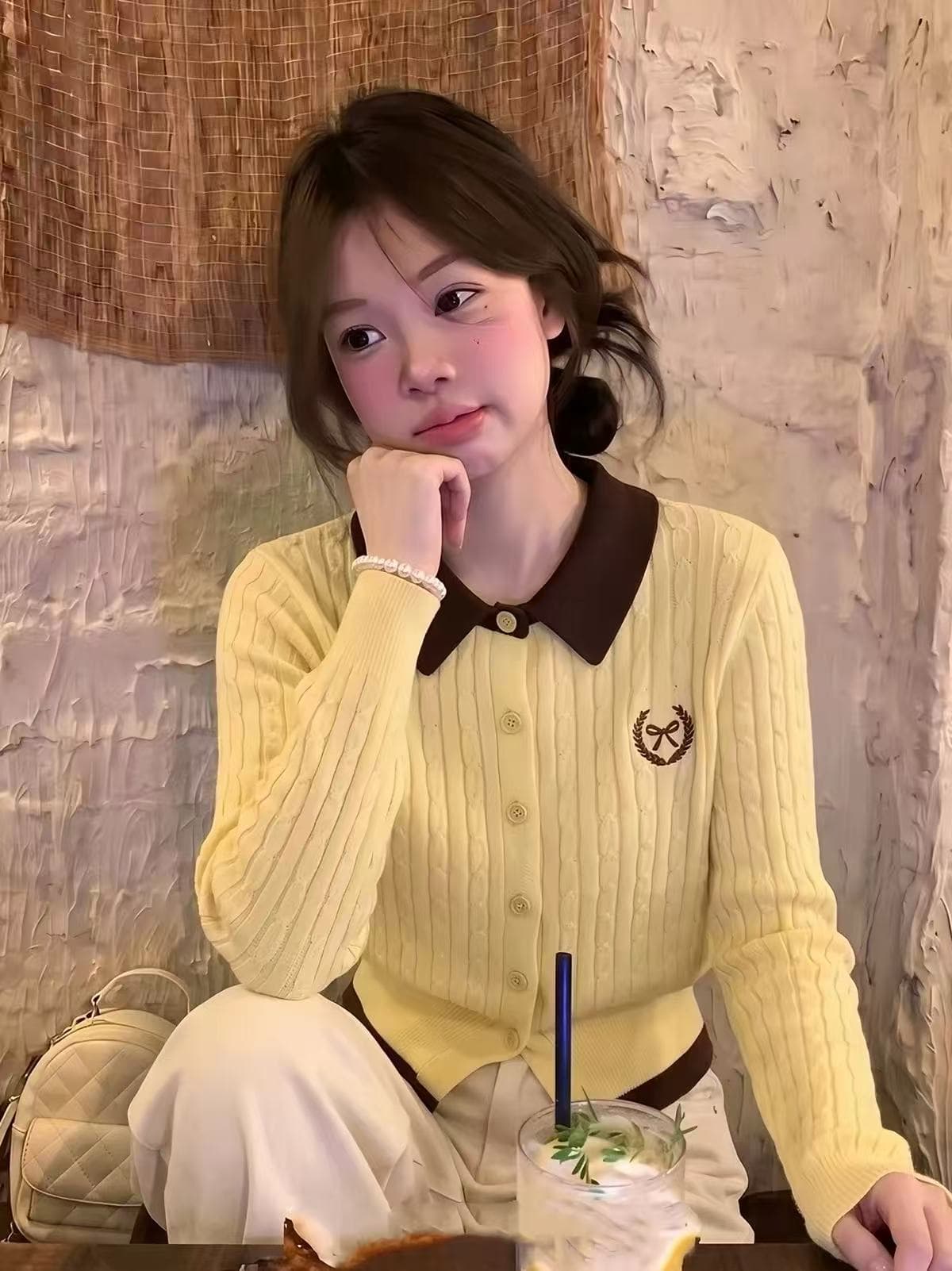 한 부서 학원 스타일 페이크 레이어드 배색 POLO 칼라 긴팔 니트 오픈 가디건 여성 이른 가을 새로운 품격 캐주얼 맨위 이미지 2