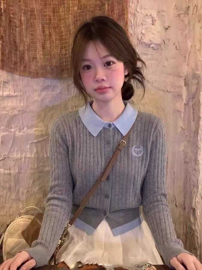 한 부서 학원 스타일 페이크 레이어드 배색 POLO 칼라 긴팔 니트 오픈 가디건 여성 이른 가을 새로운 품격 캐주얼 맨위 상세 이미지 4