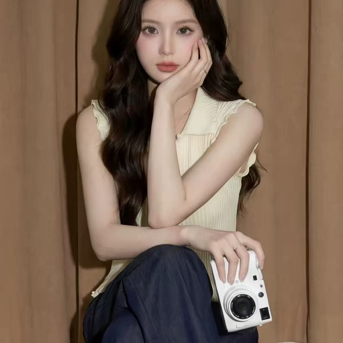화이트 POLO 칼라 캐미솔 여름 고유 한 아름다운 자이언트 잘 생긴 고급 센스 외출용 해변가 민소매 작은 맨위 상세 이미지 5