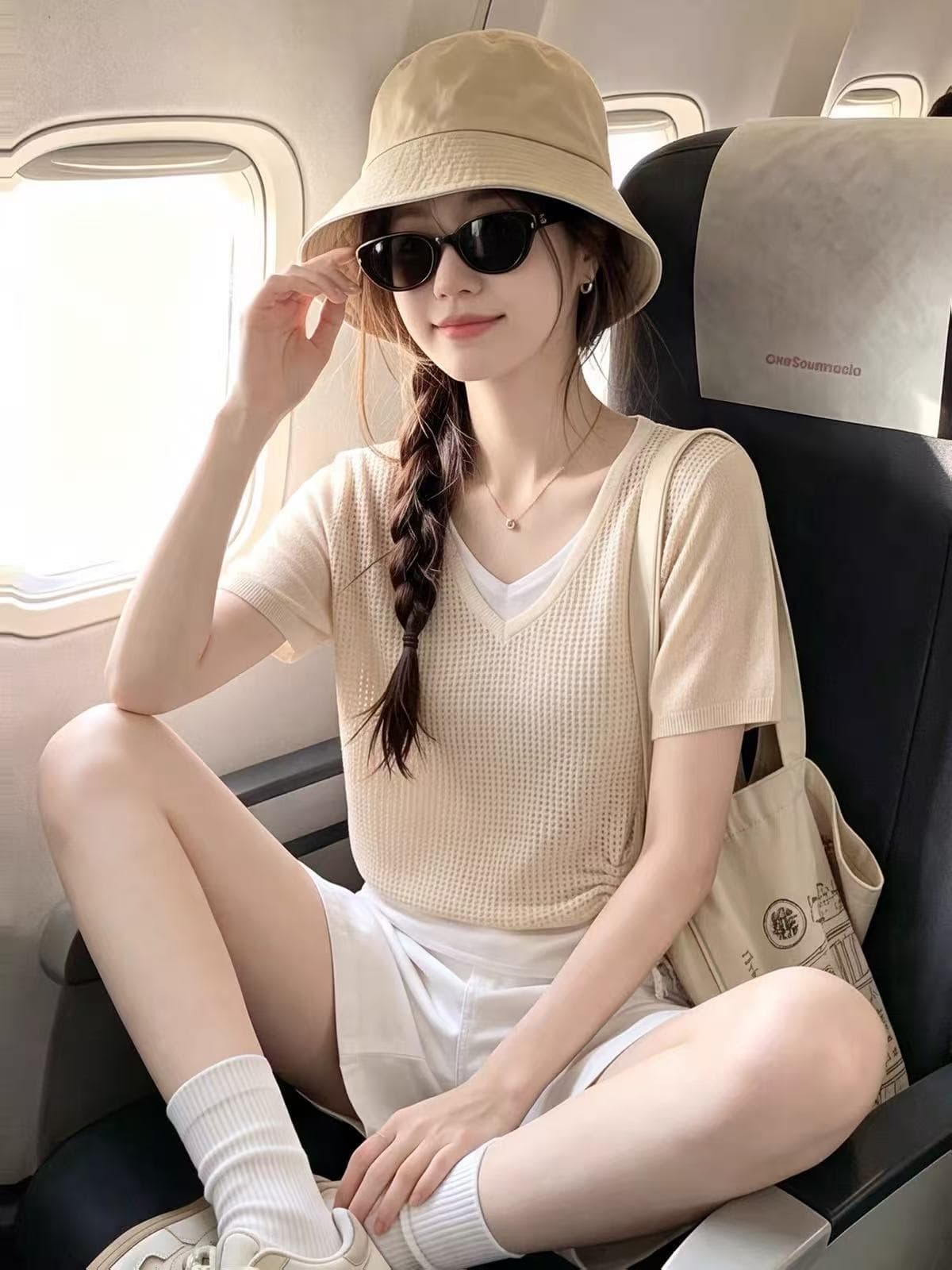 한 부서 살구 색상 페이크 레이어드 V넥 긍정적 인 어깨 반팔 티셔츠 여성 여름 아름다운 자이언트 잘 생긴 얼음 실크 니트 쇼트 스타일 맨위 상세 이미지 5