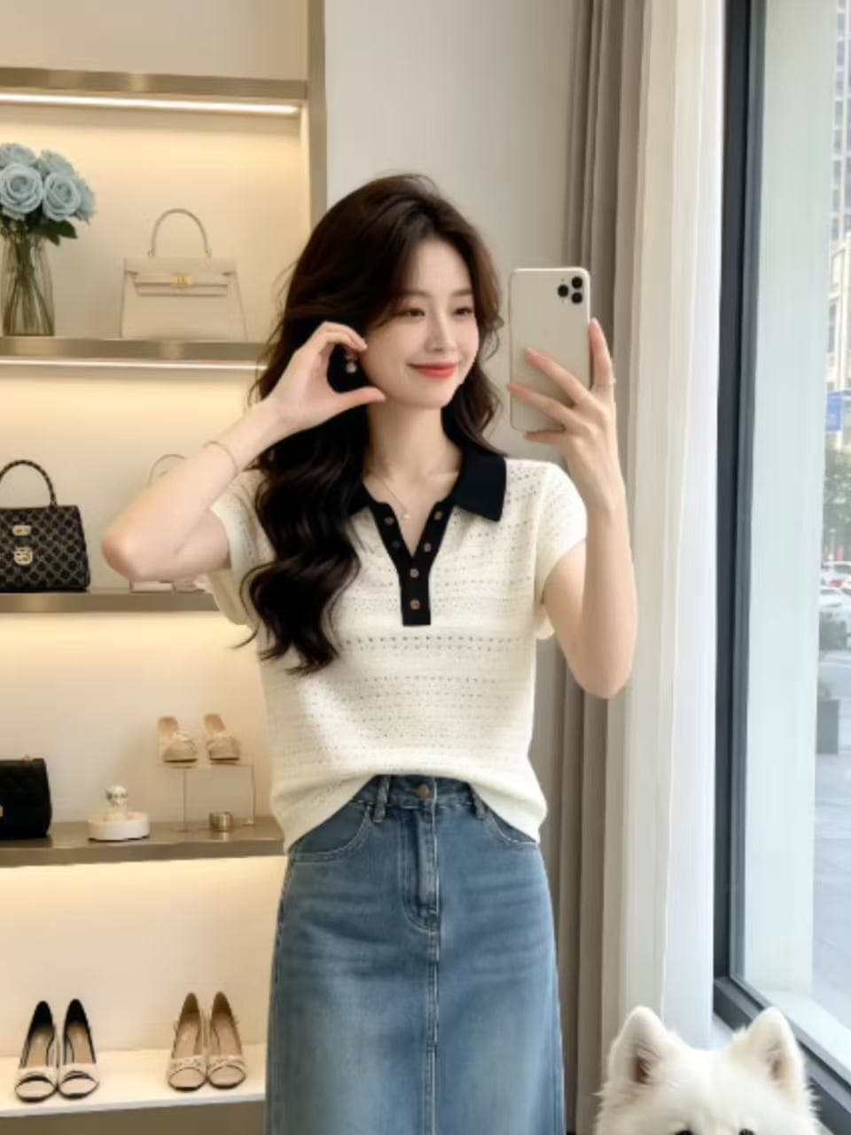 여름 새로운 한 부서 패션 품격 고급 슬림해 보이는 폴로 칼라 반팔 니트 티셔츠 홀로우 아웃 맨위 여성 의류 폭발 이미지 2