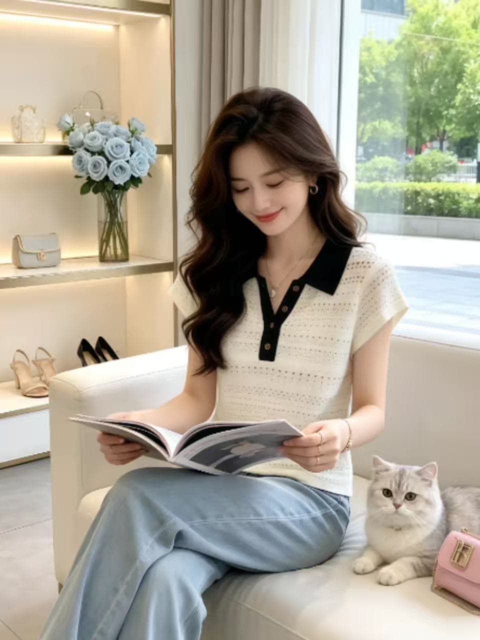 여름 새로운 한 부서 패션 품격 고급 슬림해 보이는 폴로 칼라 반팔 니트 티셔츠 홀로우 아웃 맨위 여성 의류 폭발 상세 이미지 3
