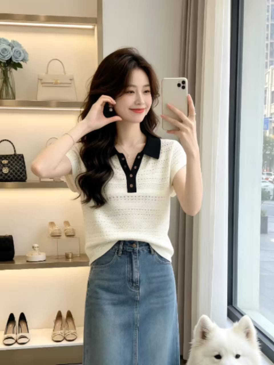 여름 새로운 한 부서 패션 품격 고급 슬림해 보이는 폴로 칼라 반팔 니트 티셔츠 홀로우 아웃 맨위 여성 의류 폭발 상세 이미지 5
