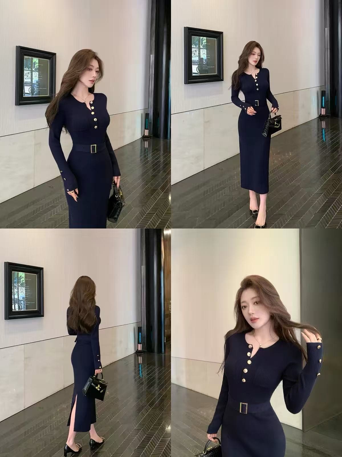 린 닫기 품격 로얄 자매 바람 니트 여성 드레스 벨트 허리 수축 몸매 가꾸기 슬림해 보이는 타이트 스커트 트임 길다 치마 이미지 4