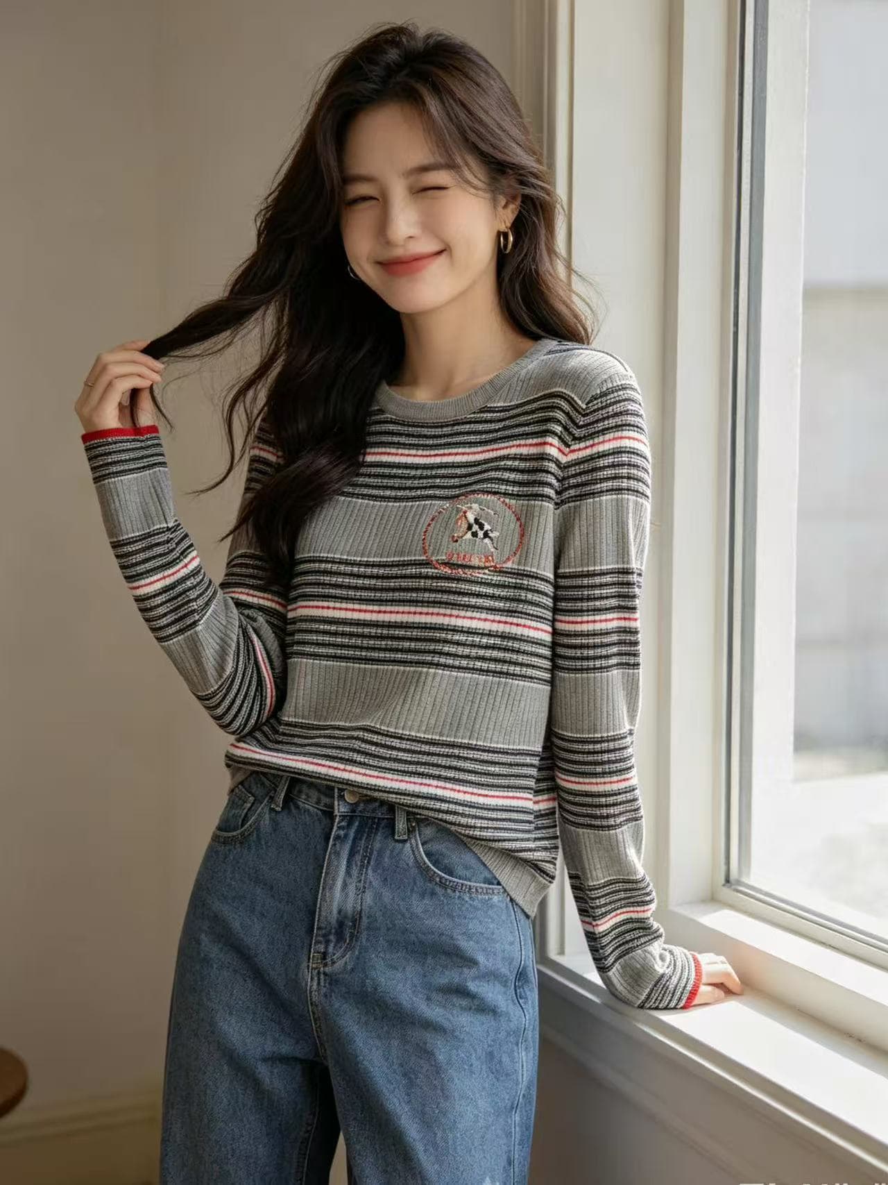 용 안녕하세요. 어린이 니트 티셔츠 여성 복잡한 고대 돈 바람 패션 배색 스트라이프 POLO 칼라 몸매 가꾸기 반팔 z385 상세 이미지 3