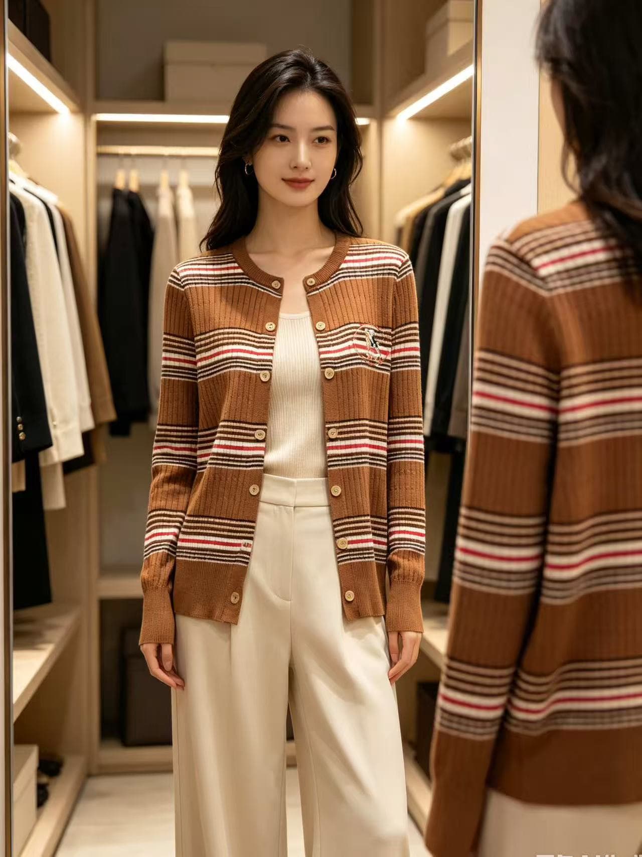 프랑스식 패션 알파벳 배색 스트라이프 니트 오픈 가디건 26 년 가을 새로운 연령 감소 다용도 슬림해 보이는 오픈 가디건 맨위