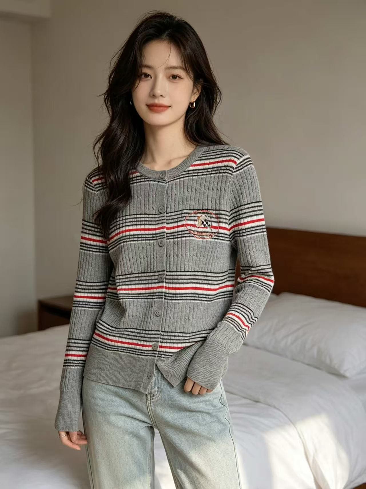 프랑스식 패션 알파벳 배색 스트라이프 니트 오픈 가디건 26 년 가을 새로운 연령 감소 다용도 슬림해 보이는 오픈 가디건 맨위 이미지 4