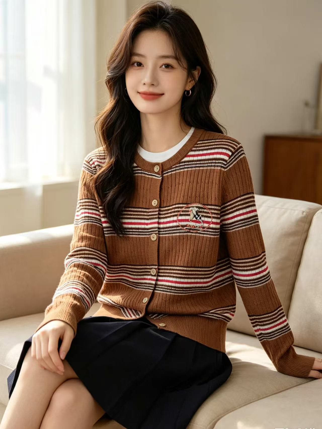 프랑스식 패션 알파벳 배색 스트라이프 니트 오픈 가디건 26 년 가을 새로운 연령 감소 다용도 슬림해 보이는 오픈 가디건 맨위 상세 이미지 2