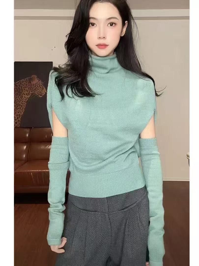 한 부서 박하 녹색 반하이넥 배트윙 소매 니트 스웨터 여성 가을 겨울 디자인 센스 느긋한 스웨터 인사이드 가져 가라. 만나는 맨위 상세 이미지 1