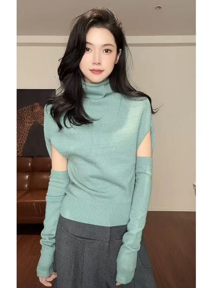 한 부서 박하 녹색 반하이넥 배트윙 소매 니트 스웨터 여성 가을 겨울 디자인 센스 느긋한 스웨터 인사이드 가져 가라. 만나는 맨위 상세 이미지 2