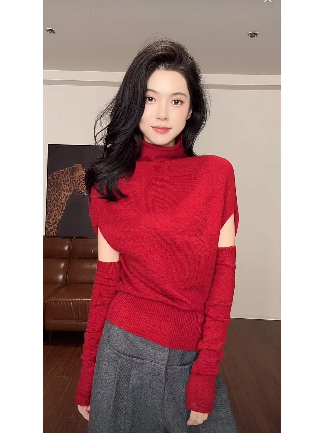 한 부서 박하 녹색 반하이넥 배트윙 소매 니트 스웨터 여성 가을 겨울 디자인 센스 느긋한 스웨터 인사이드 가져 가라. 만나는 맨위 상세 이미지 4