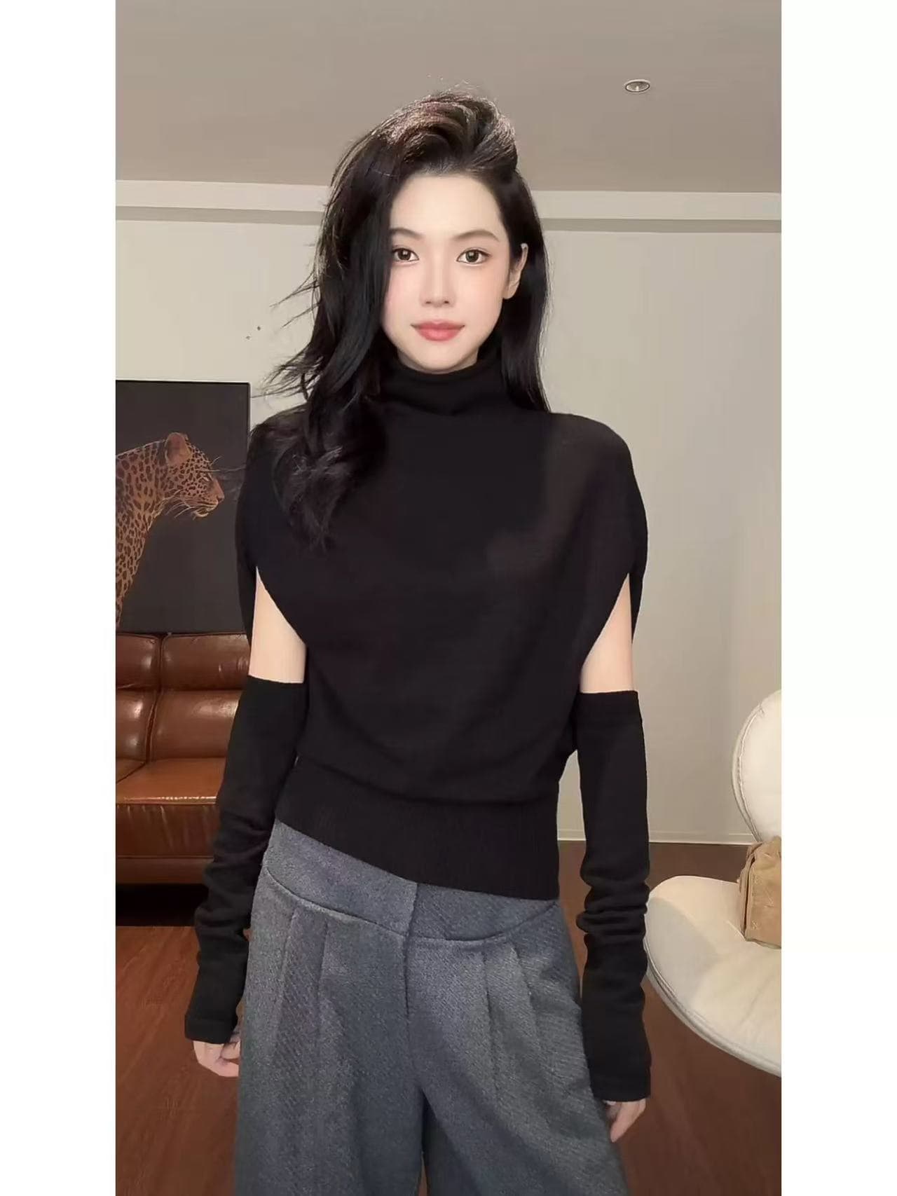 한 부서 박하 녹색 반하이넥 배트윙 소매 니트 스웨터 여성 가을 겨울 디자인 센스 느긋한 스웨터 인사이드 가져 가라. 만나는 맨위 상세 이미지 5