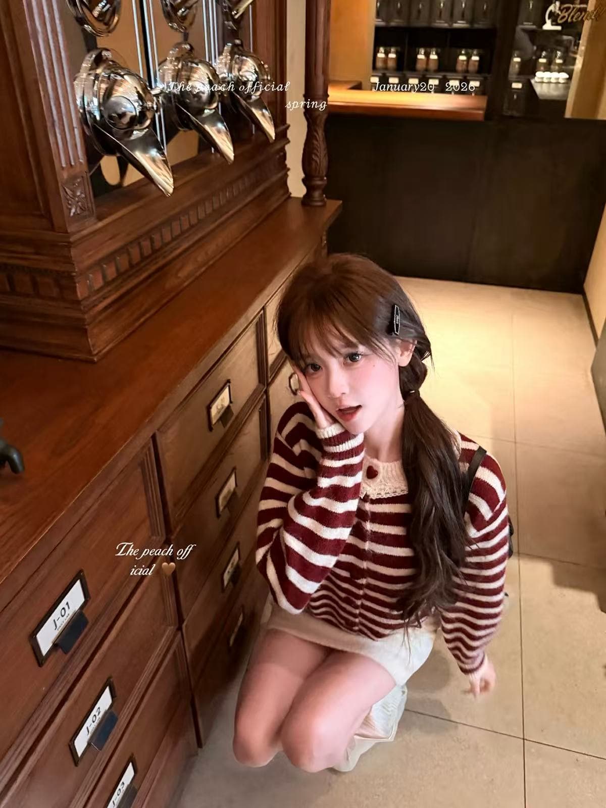 thepeachofficial 이웃 작은 집 달콤한 자매 한 부서 레이스 레이스 스트라이프 양모 니트 오픈 가디건 여성 이미지 3