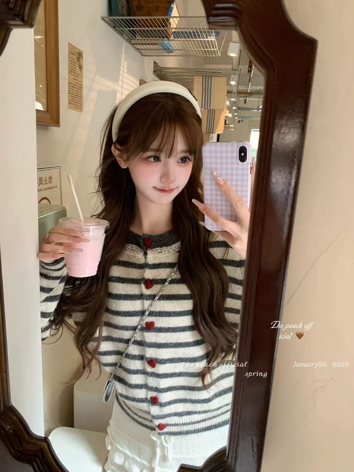 thepeachofficial 이웃 작은 집 달콤한 자매 한 부서 레이스 레이스 스트라이프 양모 니트 오픈 가디건 여성 이미지 4
