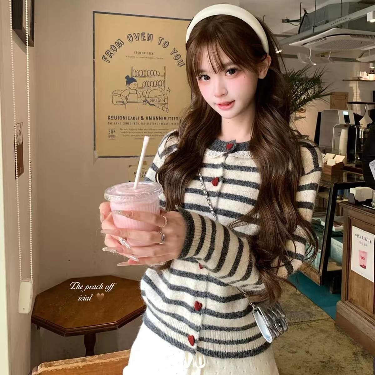 thepeachofficial 이웃 작은 집 달콤한 자매 한 부서 레이스 레이스 스트라이프 양모 니트 오픈 가디건 여성 이미지 5